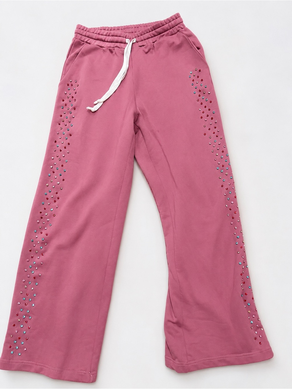 Rose Pink Rhinestone-Trim Wide-Leg Sweatpants